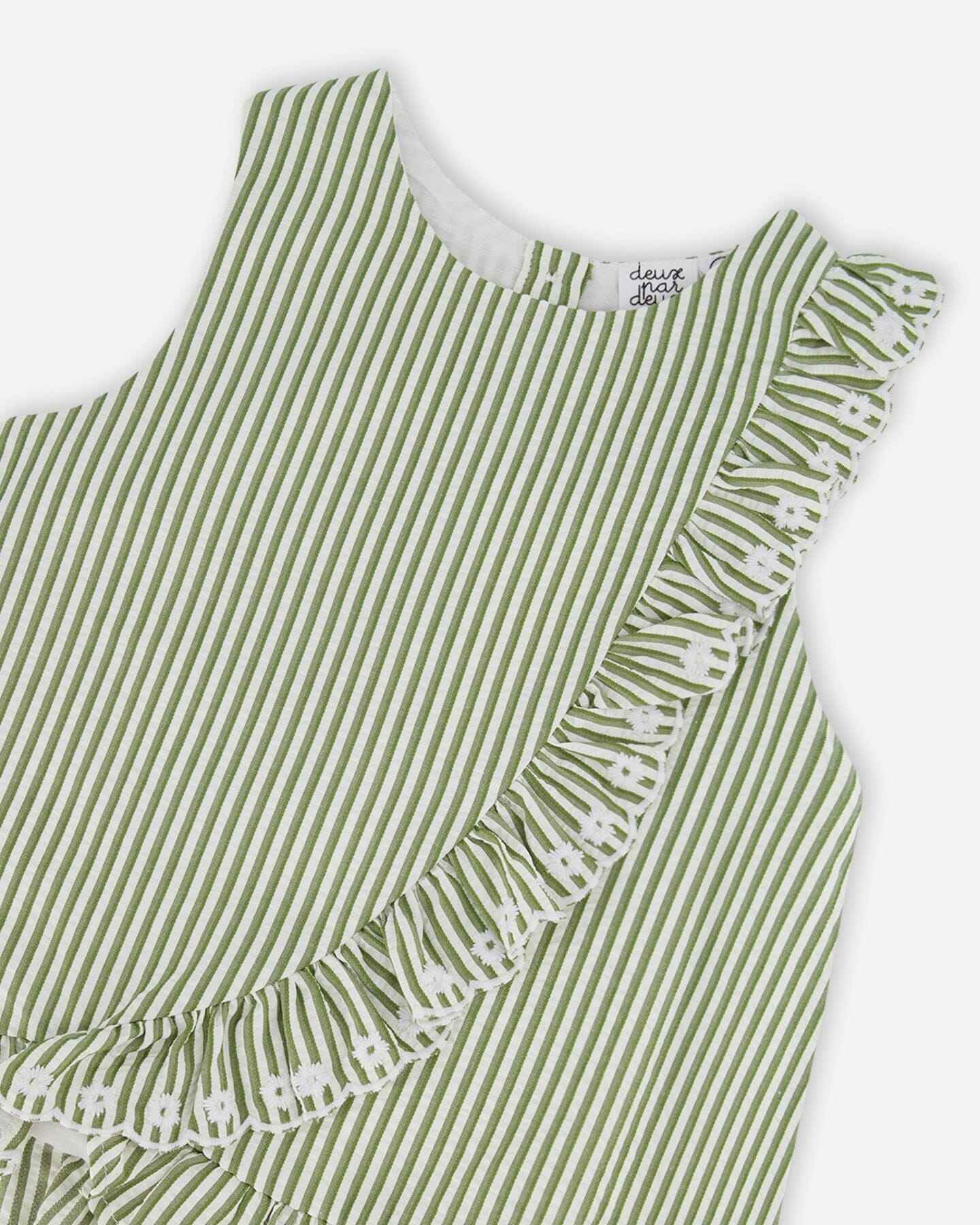 Top Green & Off White Stripes With Embroidered Ruffle