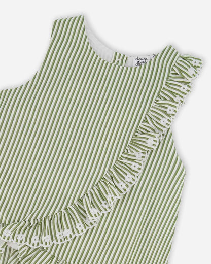Top Green & Off White Stripes With Embroidered Ruffle