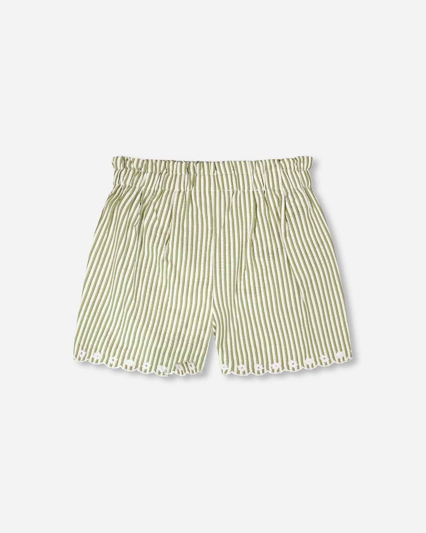 Shorts Green And Off White Stripes With Embroidery