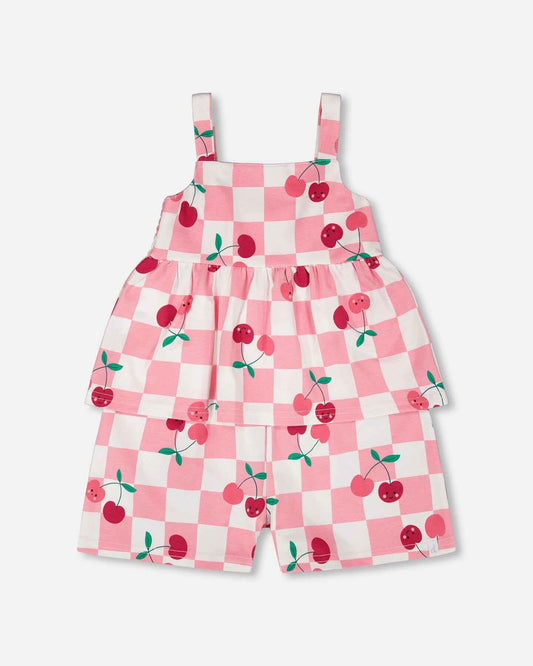 Organic Cotton Jersey Romper Pink Printed Cherries