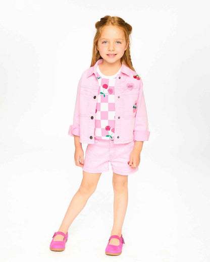 Pink Denim Jacket With Embroidered Patches