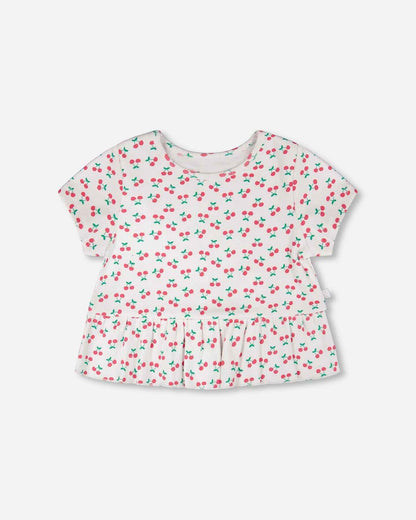 Rib Crop T-Shirt With Frill White Printed Cheeries