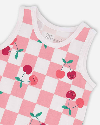 Organic Cotton Jersey Tank Top Pink Printed Cherries
