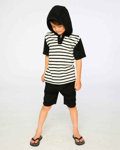 Hooded Terry T-Shirt With Shorts Set Black And White Stripes
