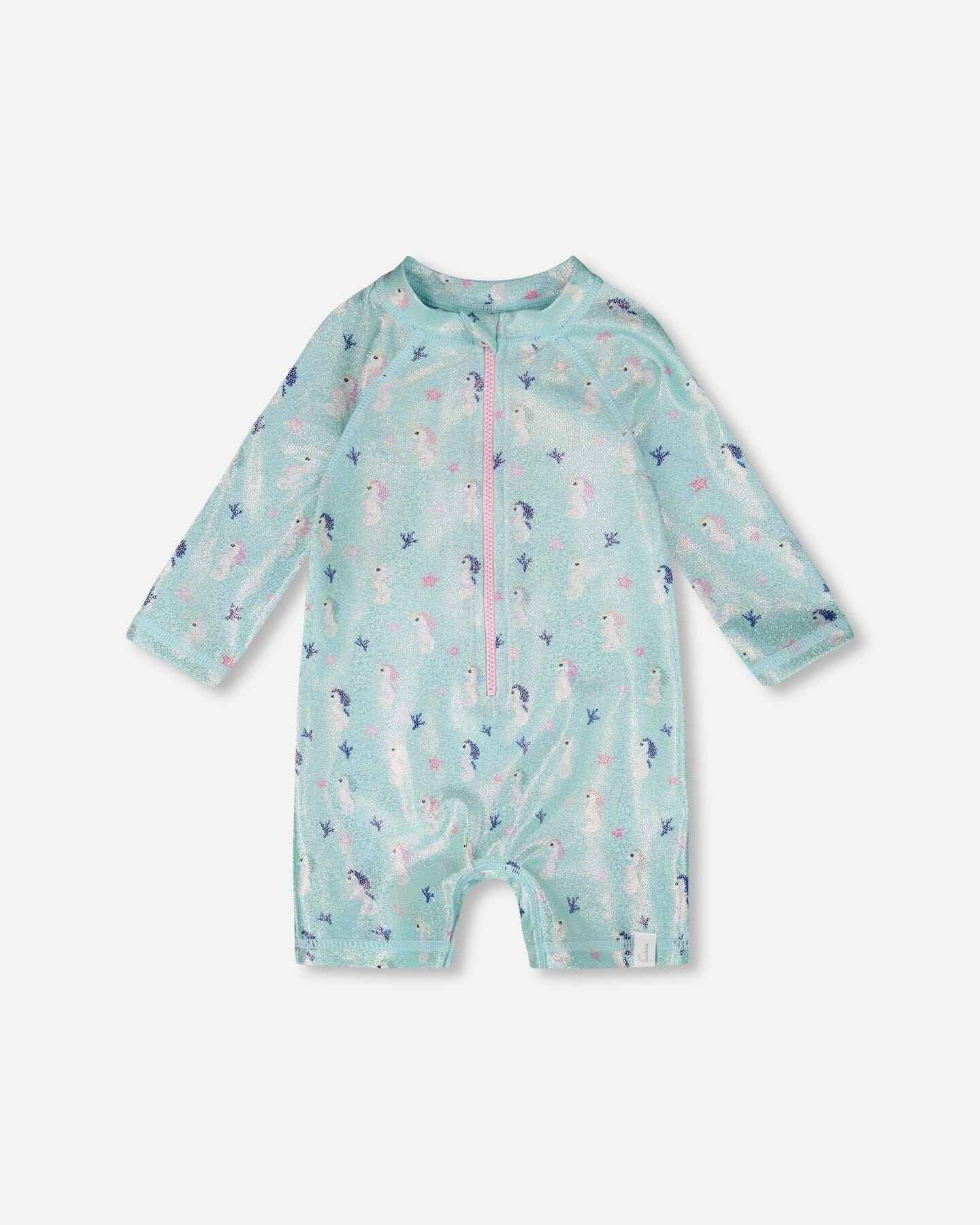 Baby And Toddler One-Piece Long Sleeve Rashguard Blue Seahorse Print