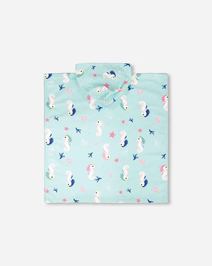 Hooded Beach Towel Blue Seahorse Print