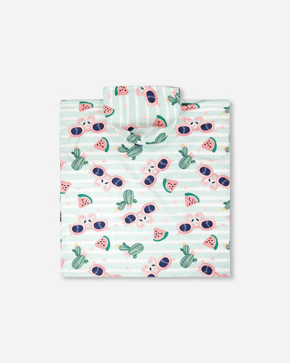 Hooded Beach Towel Blue Flamingo And Cactus Print