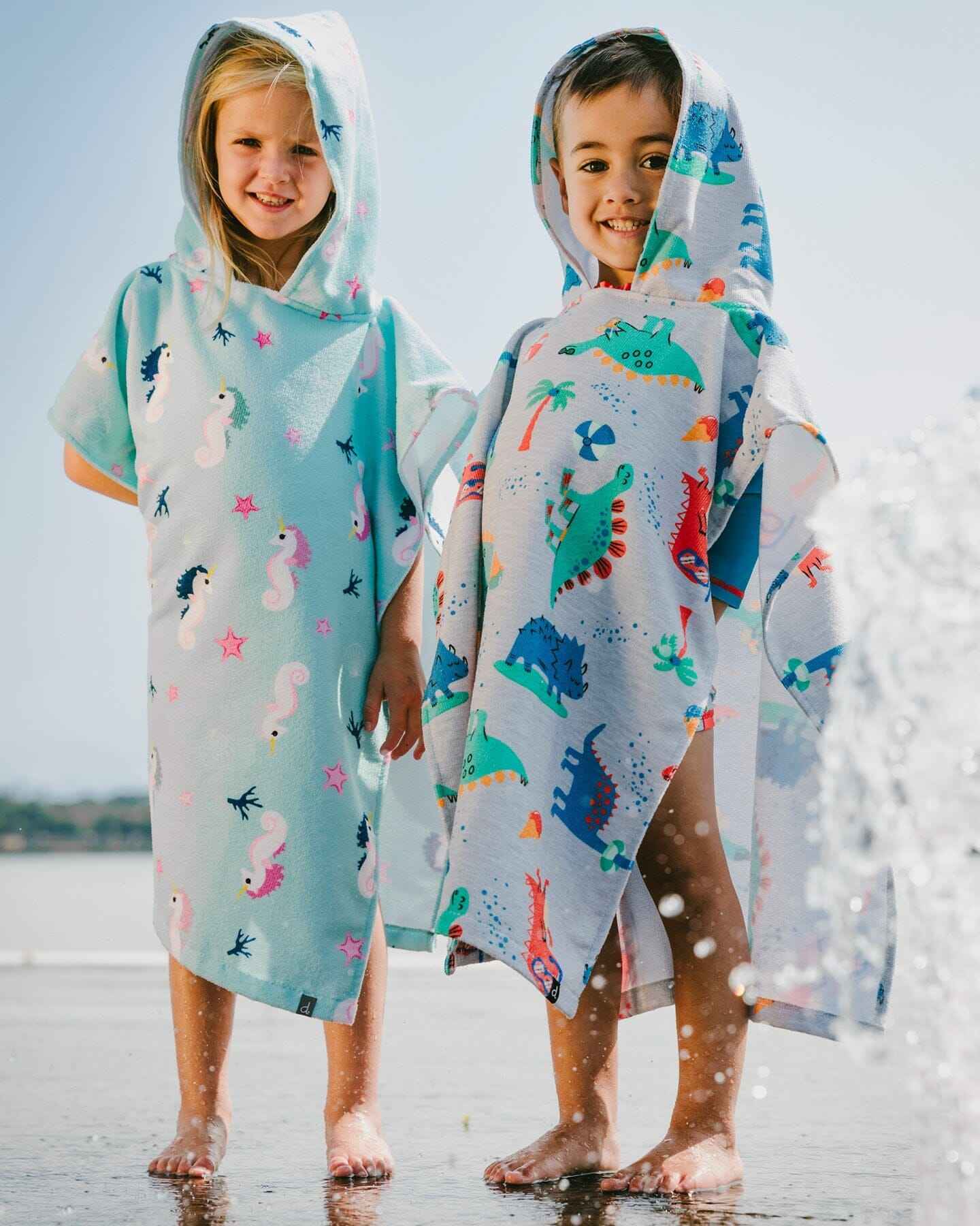 Hooded Beach Towel Grey Baby Dinosaur Print