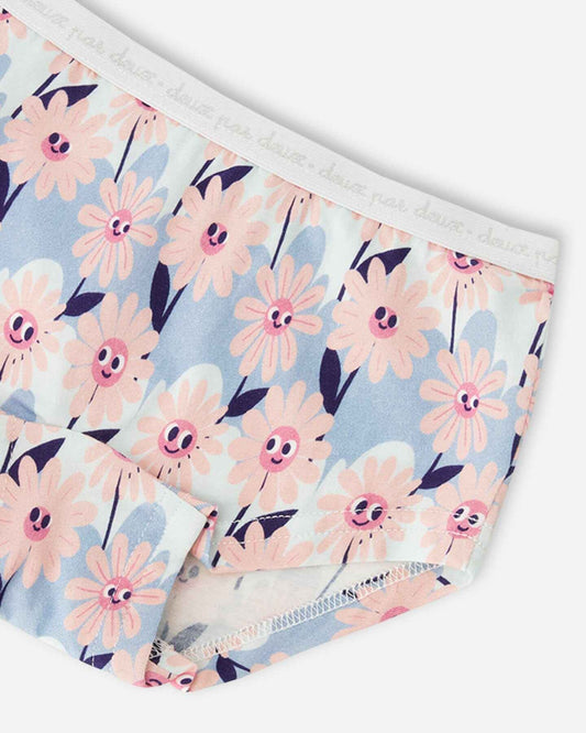 Organic Cotton Boyshort Panty Blue Smiling Flower Print