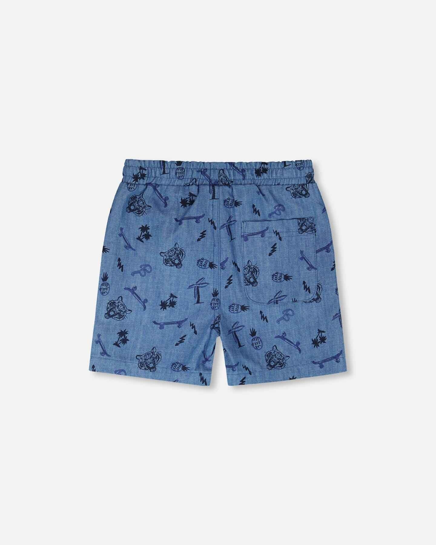Chambray Shorts Blue Printed Skateboards