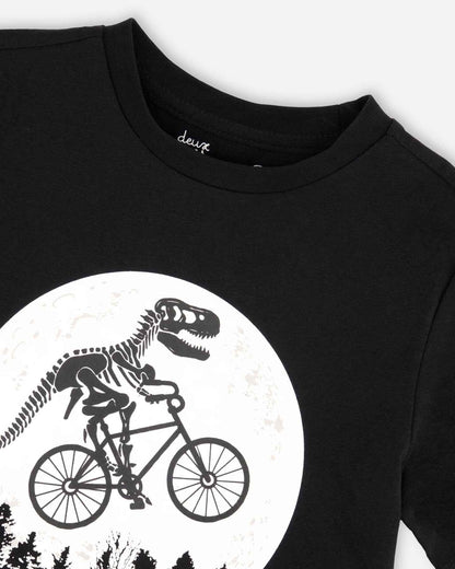 Glow In The Dark Organic Cotton Jersey T-Shirt With Dino On Bike Print Black