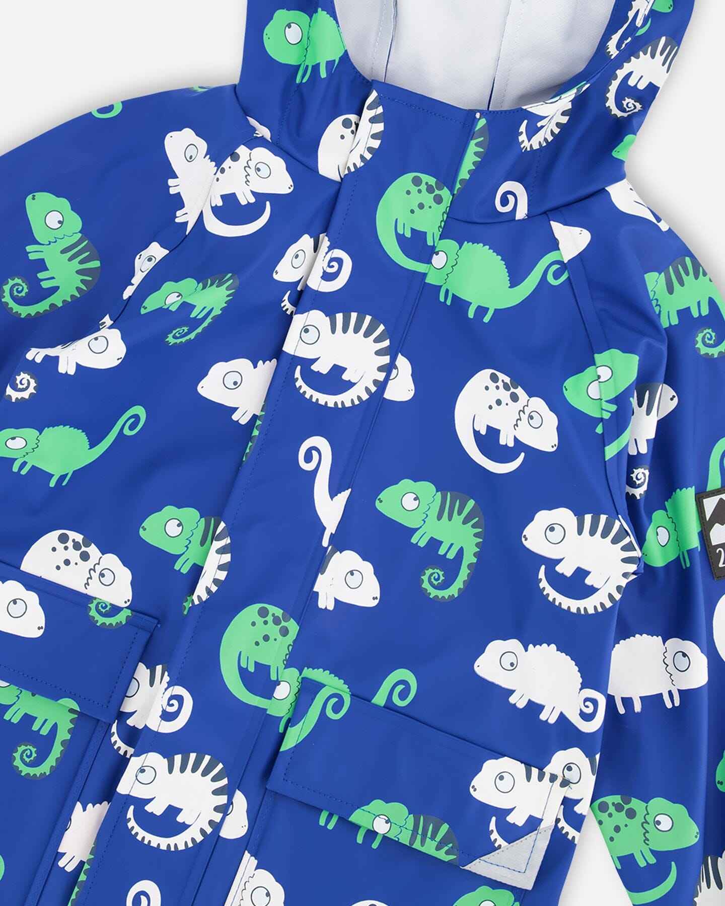 Blue raincoat with color-changing chameleon