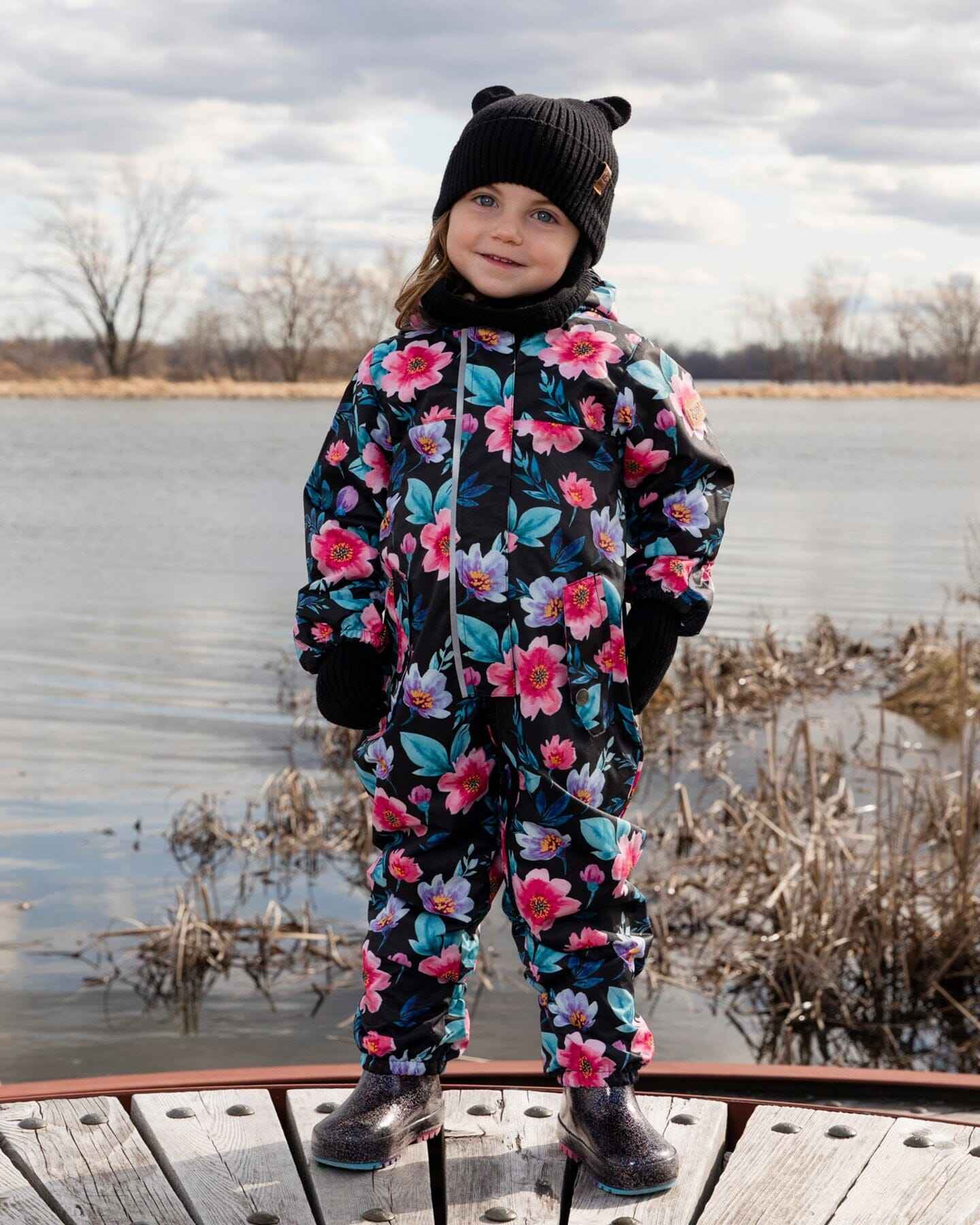 Baby Mid-Season One-Piece Outerwear With Hat Black Printed Flowers