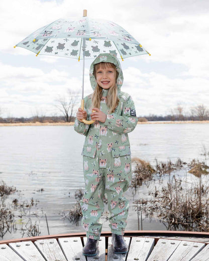 Green rain jumpsuit with color-changing frogs print