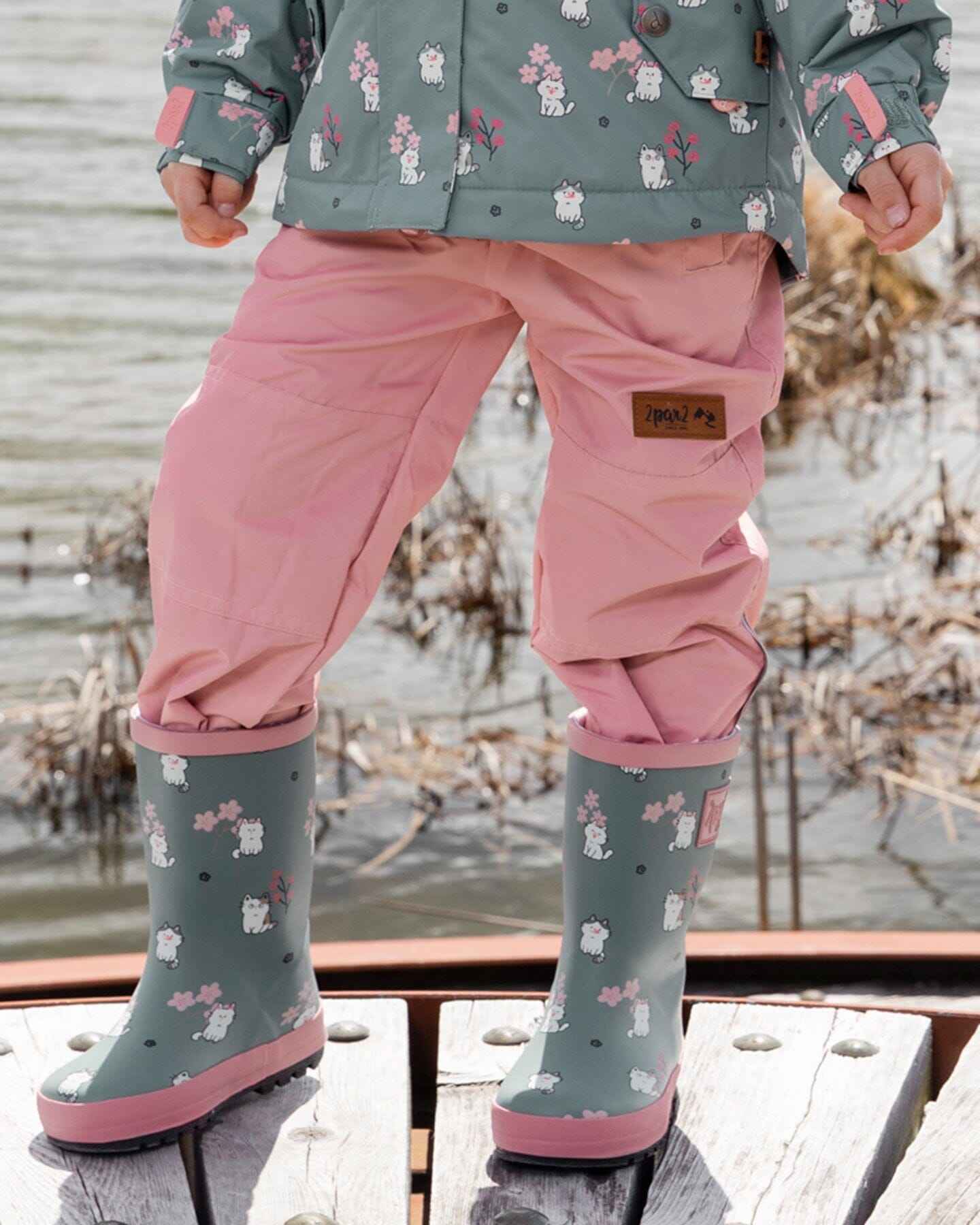 Rain Boots In Natural Rubber Green Cat Print
