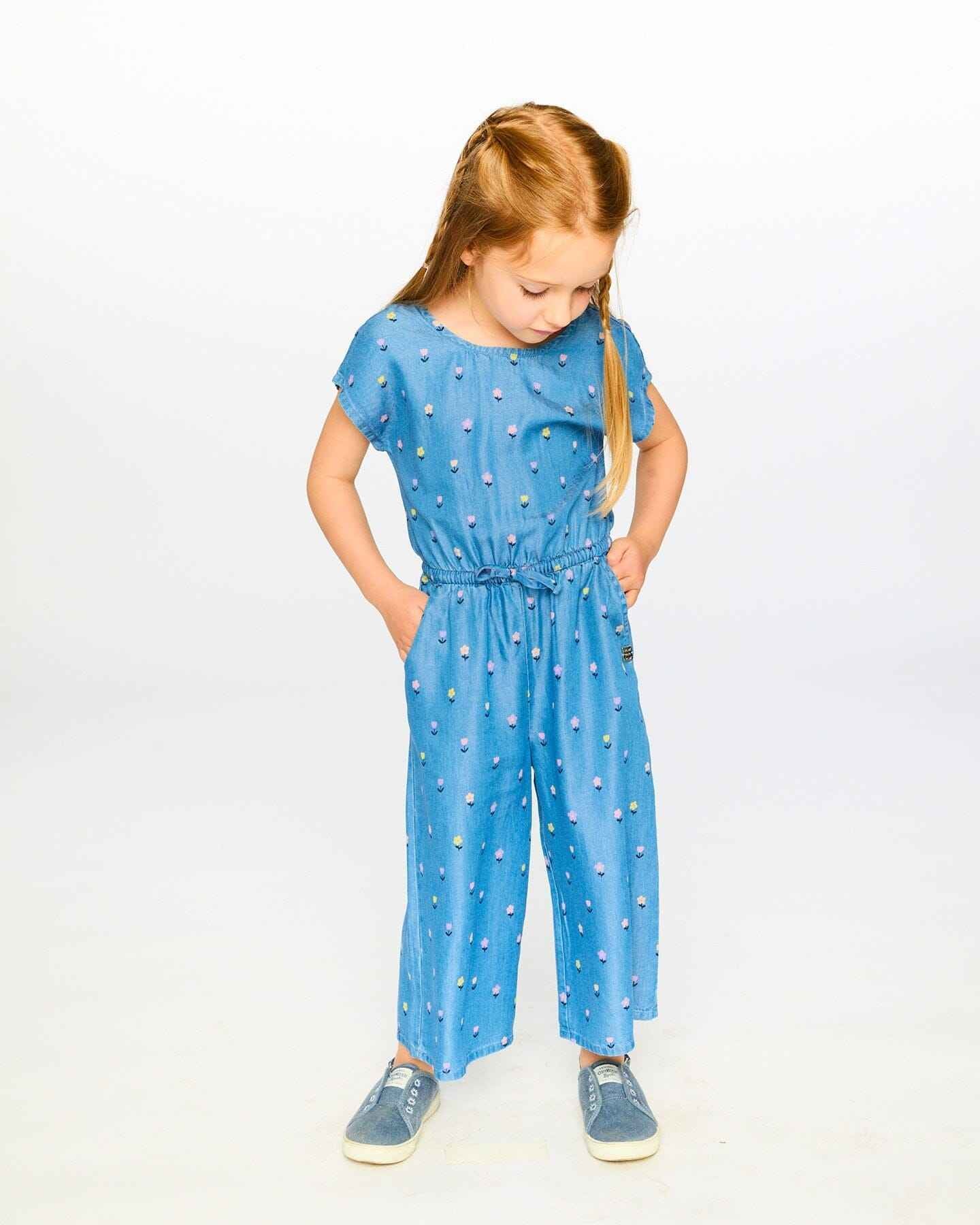 Chambray Jumpsuit Blue Flower Print