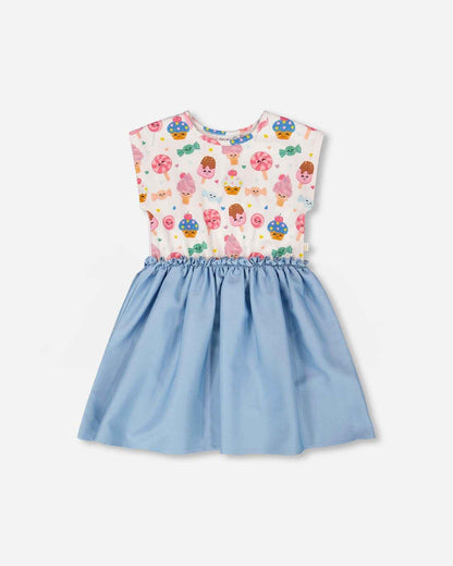 Bi-Material Dress White Candy Print