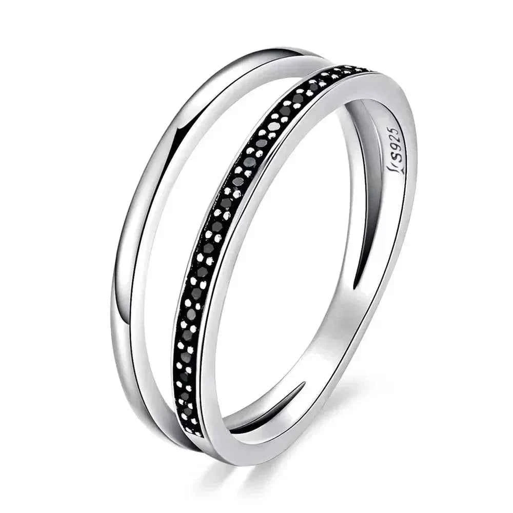 925 Sterling Silver Black & Clear Double Circle CZ Ring