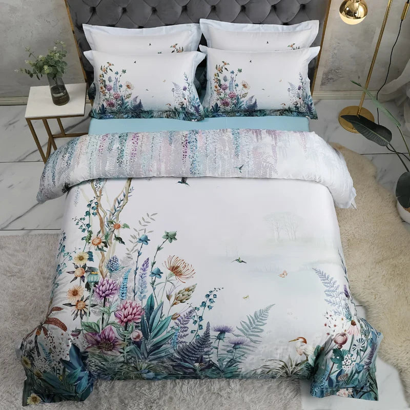 Wild Whimsy 600 TC Blumen Baumwoll-Bettwäsche-Set – Weiß/Aqua