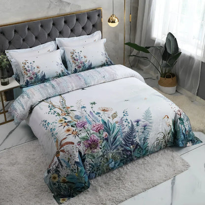 Wild Whimsy 600 TC Blumen Baumwoll-Bettwäsche-Set – Weiß/Aqua