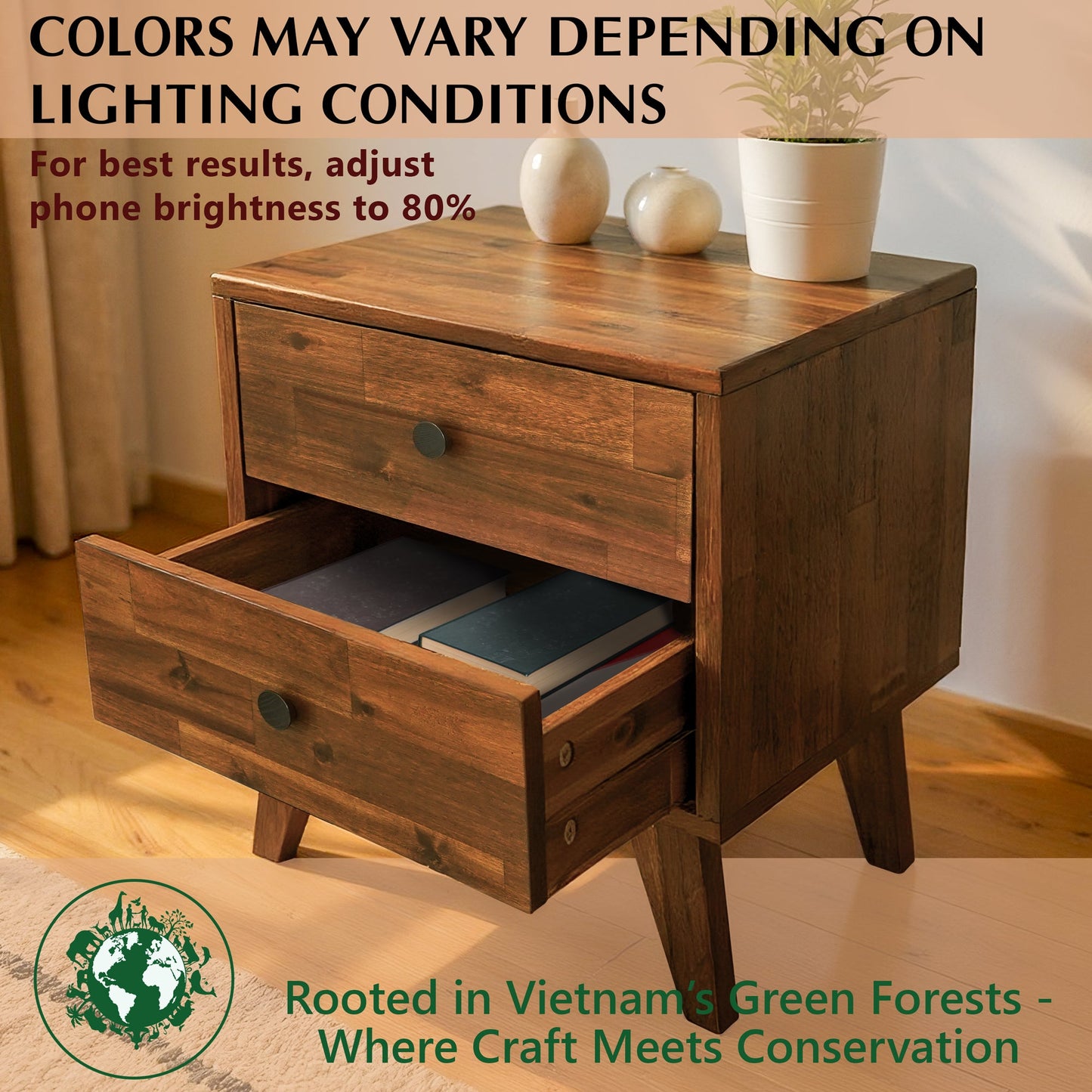 Silvia 2-Drawer Solid Wood Nightstand