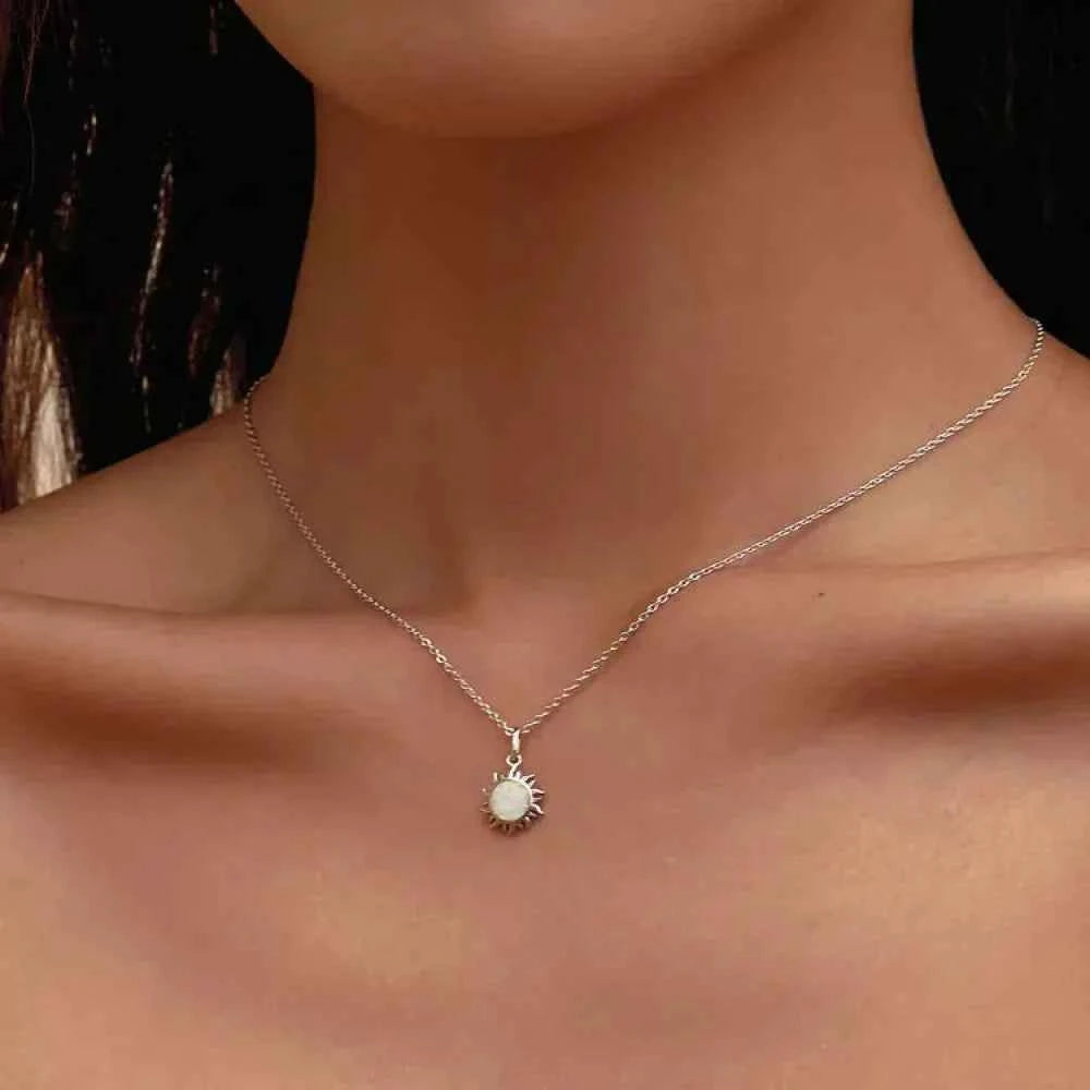 925 Sterling Silver White Opal Sun Pendant Necklace - Apollo Chain for Women