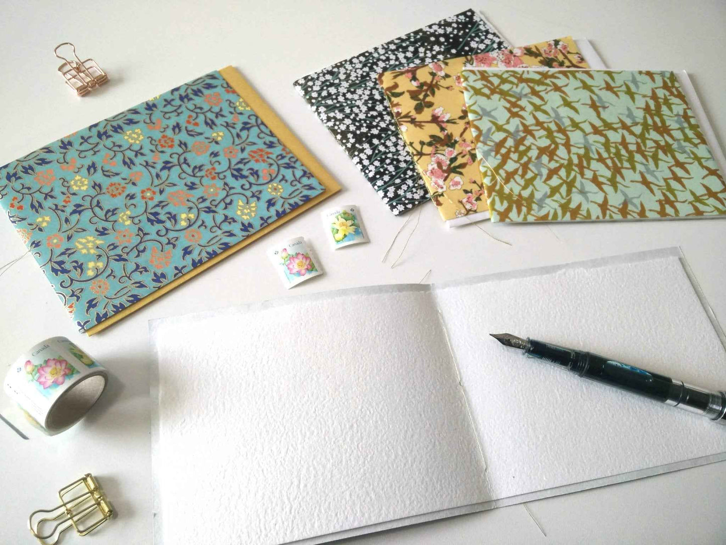 Handsewn Chiyogami Cotton Rag Blank Card | Black daisies
