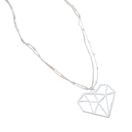 Double Strand Necklace With Heart Pendant In Silver Plate