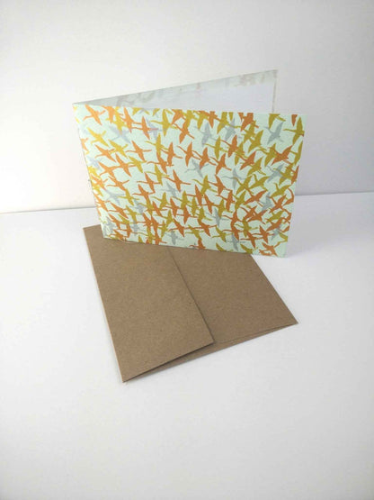 Handsewn Chiyogami Cotton Rag Blank Card | Metallic birds