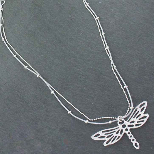 Double Strand Necklace With Dragonfly Pendant In Silver Plate