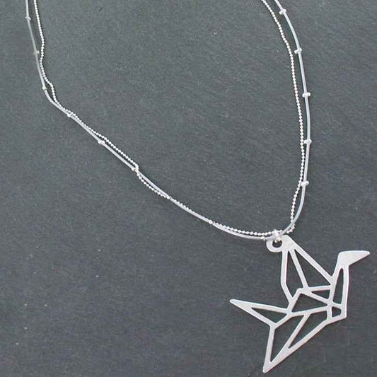 Double Strand Necklace With Origami Bird Pendant In Silver Plate