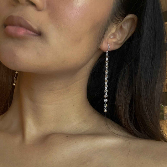 Disc Chain Double Drop Earrings In Silver Plate
