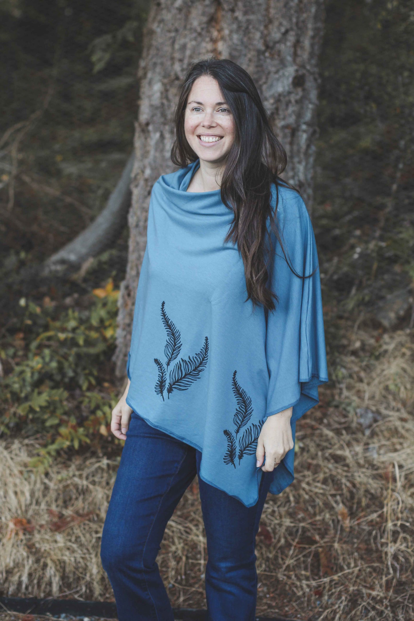 Stellar Blue Poncho with Fern Print