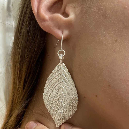 Large Leaf Earrings In Silver Plate
