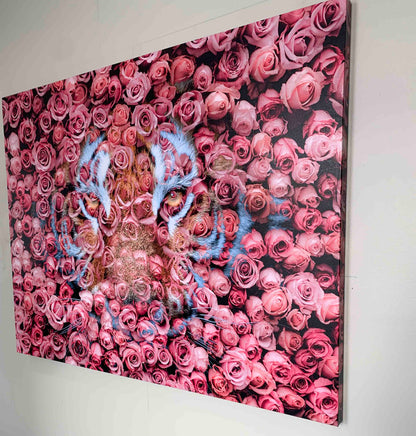 Tiger in the Rose-Wildlife Canvas Prints- Animal Art- Gold varnish