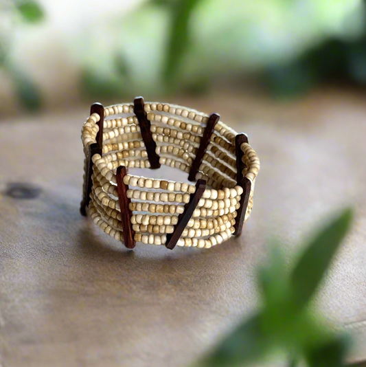 Elasticated Bead Bracelet with Wood Detail