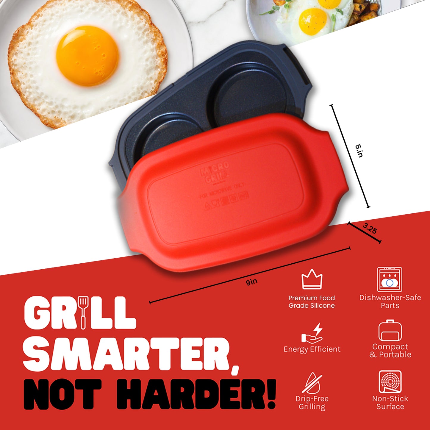 Micro Grill Egg Mate™ Mikrowellen-Eierkocher – 2-Eier Spiegelei-Zubereiter mit Dampfentlüftungsdeckel – Schnelle Frühstückssandwich-Eierform – BPA-frei, spülmaschinenfest