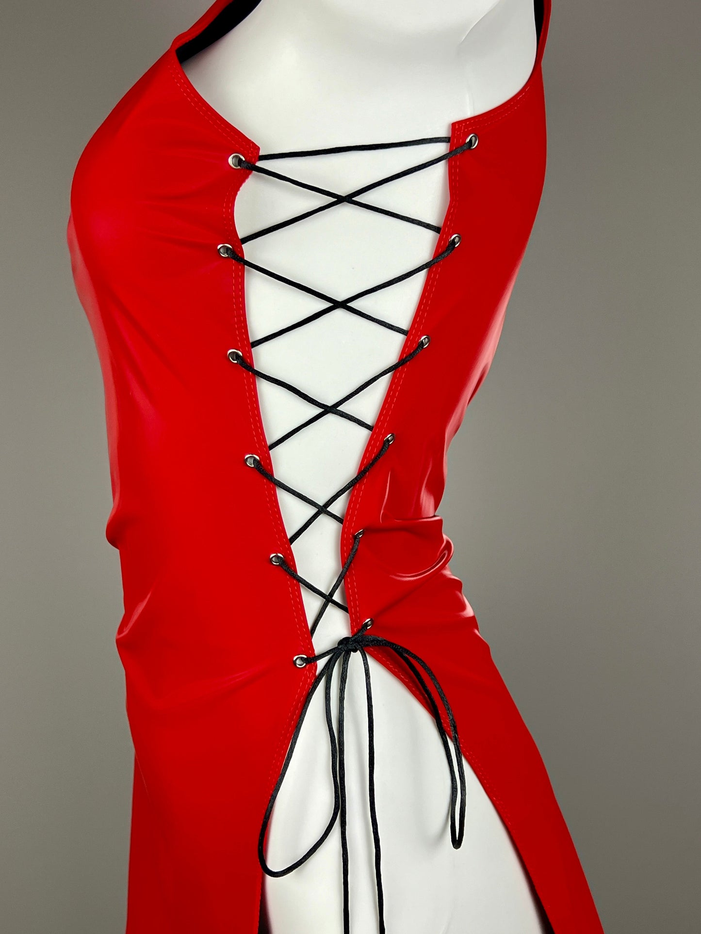 Vintage PU Leather Satin Cheongsam Lingerie Sexy Party Dress Costume