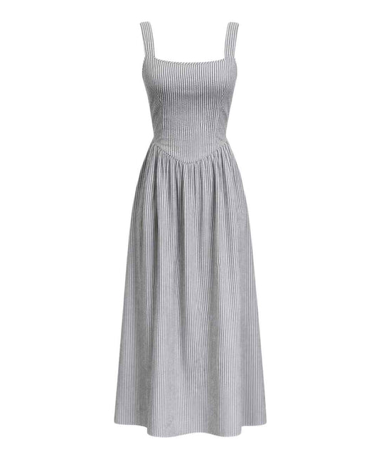 Jules - Lightweight Tie Back Midi Dress In Black Stripe