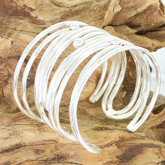 Multi Swirl & Ball Metal Cuff - Silver Colour