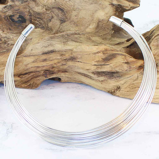 Multi Strand Wire Metal Collar Necklace - Silver Colour