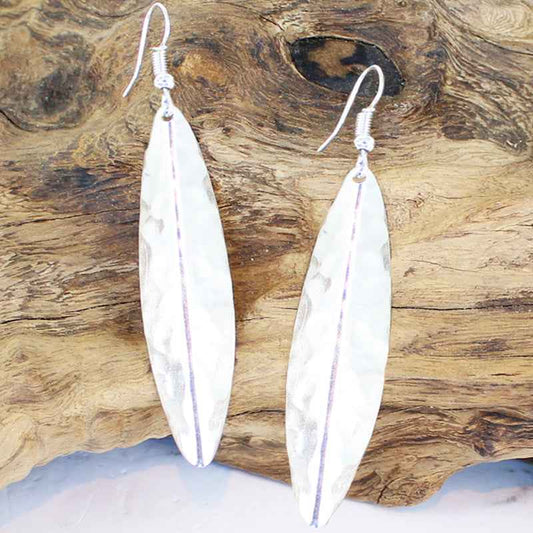 Long Leaf Metal Earrings - Silver Colour