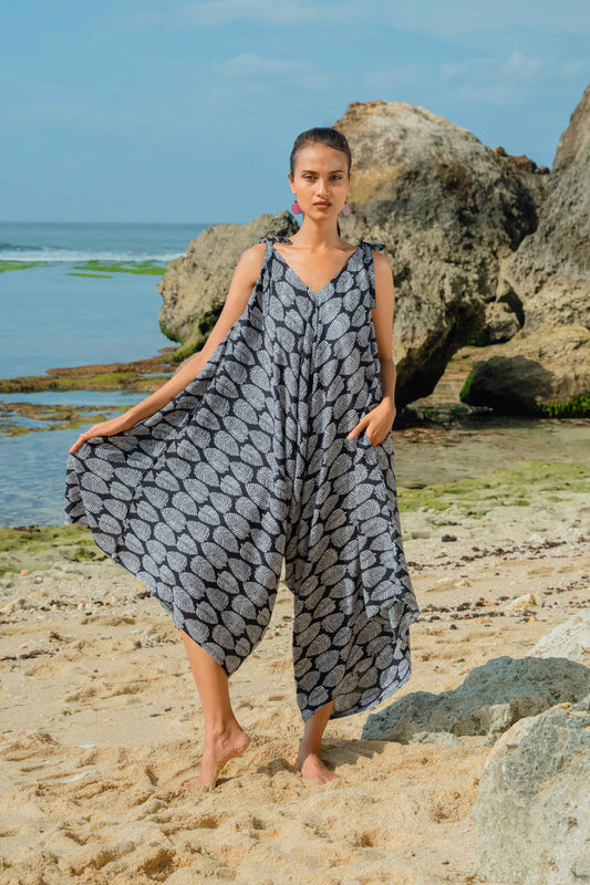 Leaf Print Romper - Black & White