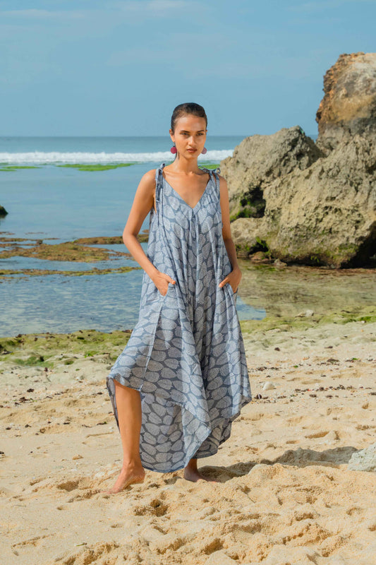 Leaf Print Romper - Grey & White