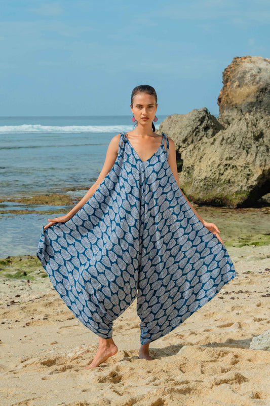 Leaf Print Romper - Navy & White