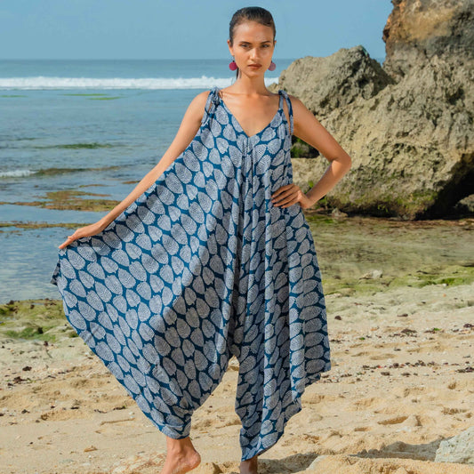 Leaf Print Romper - Navy & White