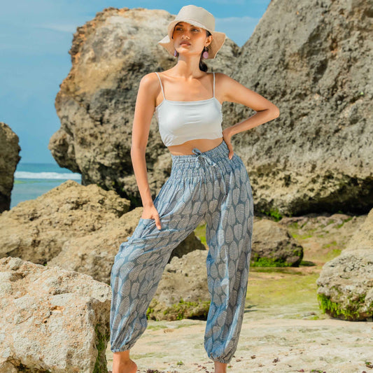 Leaf Print Bali Pants - Grey & White