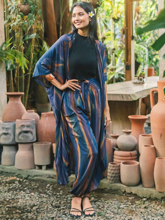 Navy & Gold Abstract Tie Dye Long Kimono
