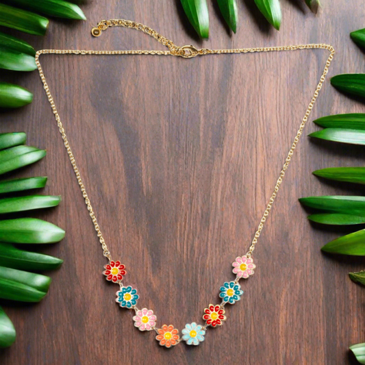 Multi-colour Enamel Flower Necklace On Chain