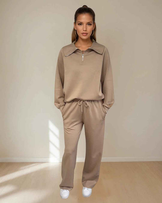 Maeve Luxeflow - Relaxed 3/4 Zip Top In Mocha Mousse